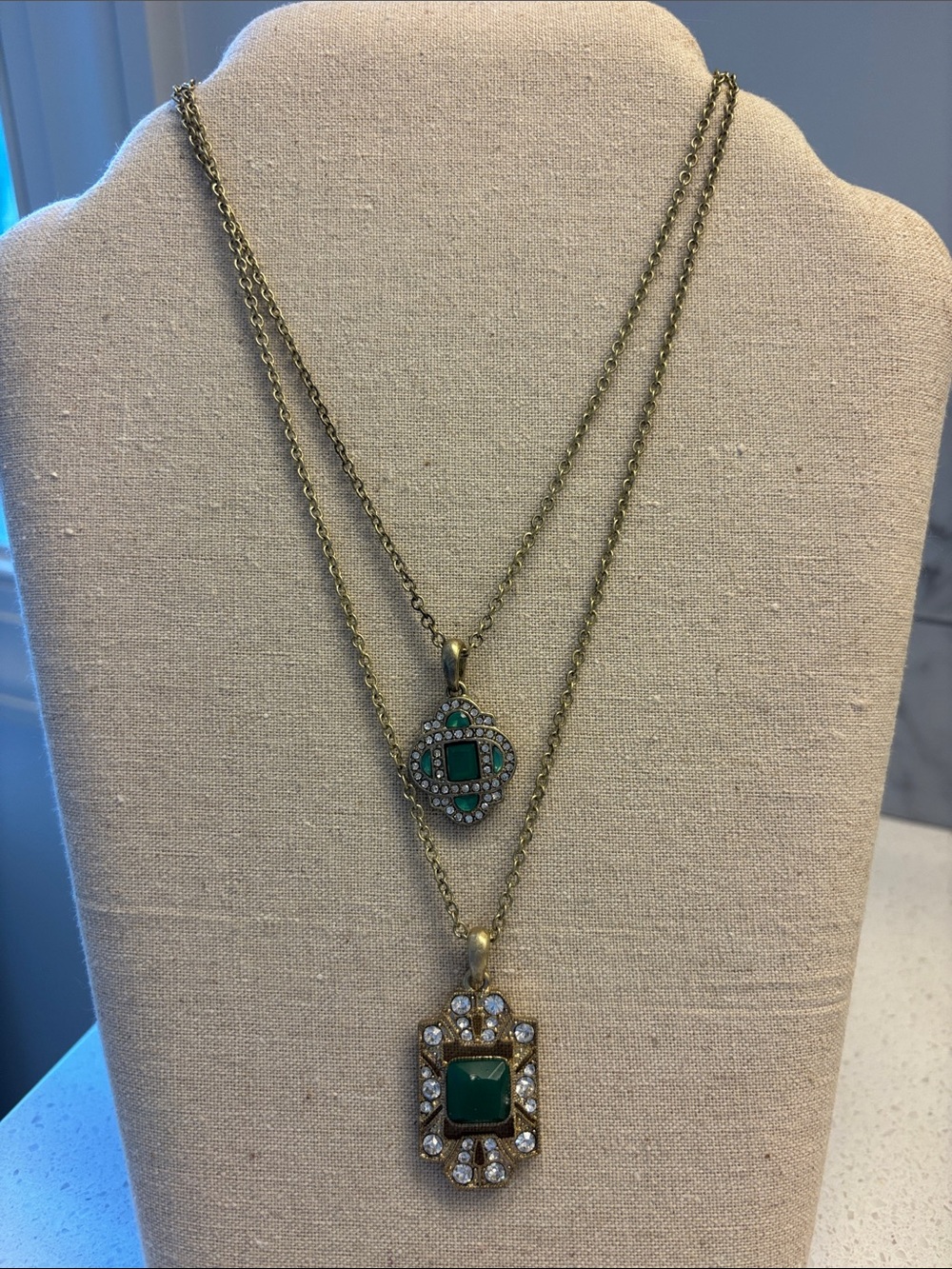 Gold-Tone Layered Necklace with Green Stones